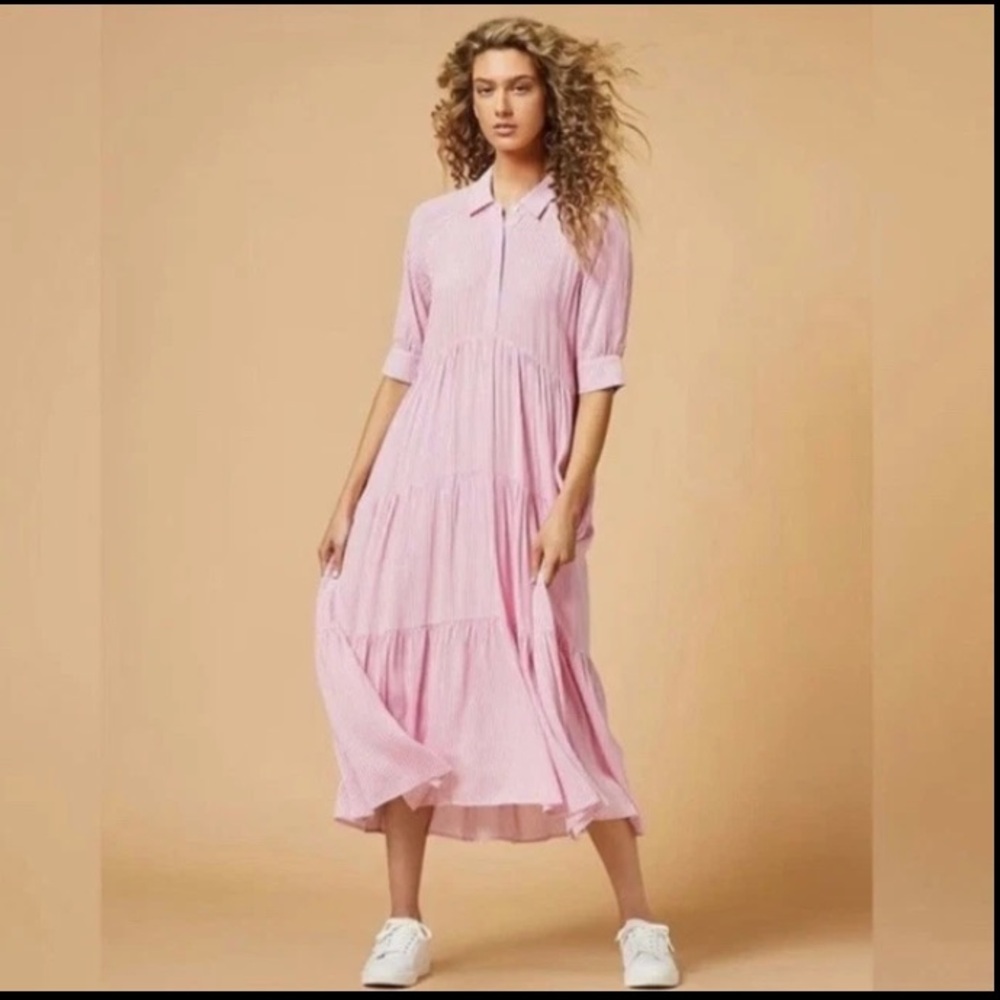 A Loves A Pinstripe Tiered Shirt Dress Midi SZ S Bubble Gum Pink NWT Ruffle Hem